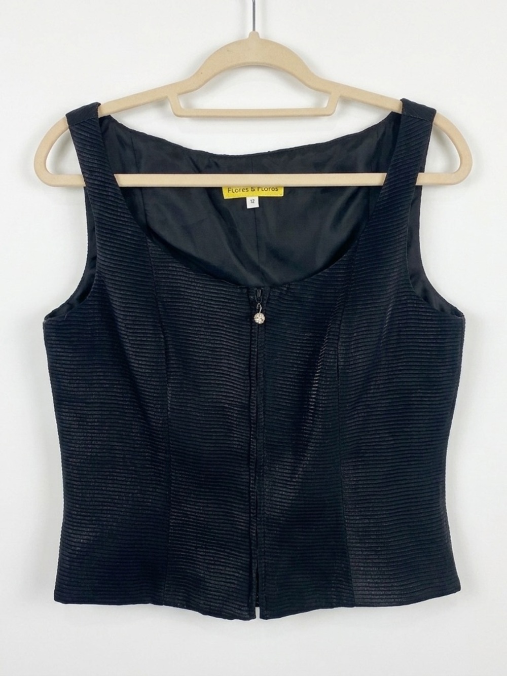 Flores & Flores Vintage Ribbed Zip Front Bodice Top Black 12